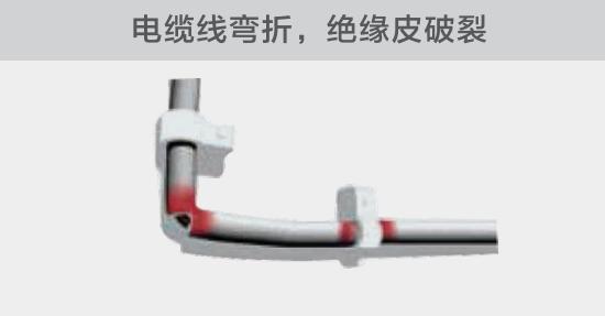 在安裝過程中，由于電線的彎曲半徑過小，或是線夾過緊，導(dǎo)致線纜絕緣皮破裂，產(chǎn)生電弧隱患